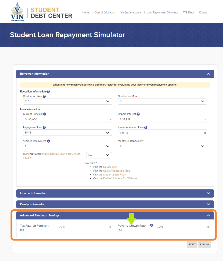 VIN Foundation Student Loan Repayment Simulator - Advanced Simulator Settings