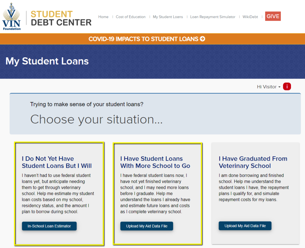 VIN Foundation Student Debt Center -- My Student Loans tool