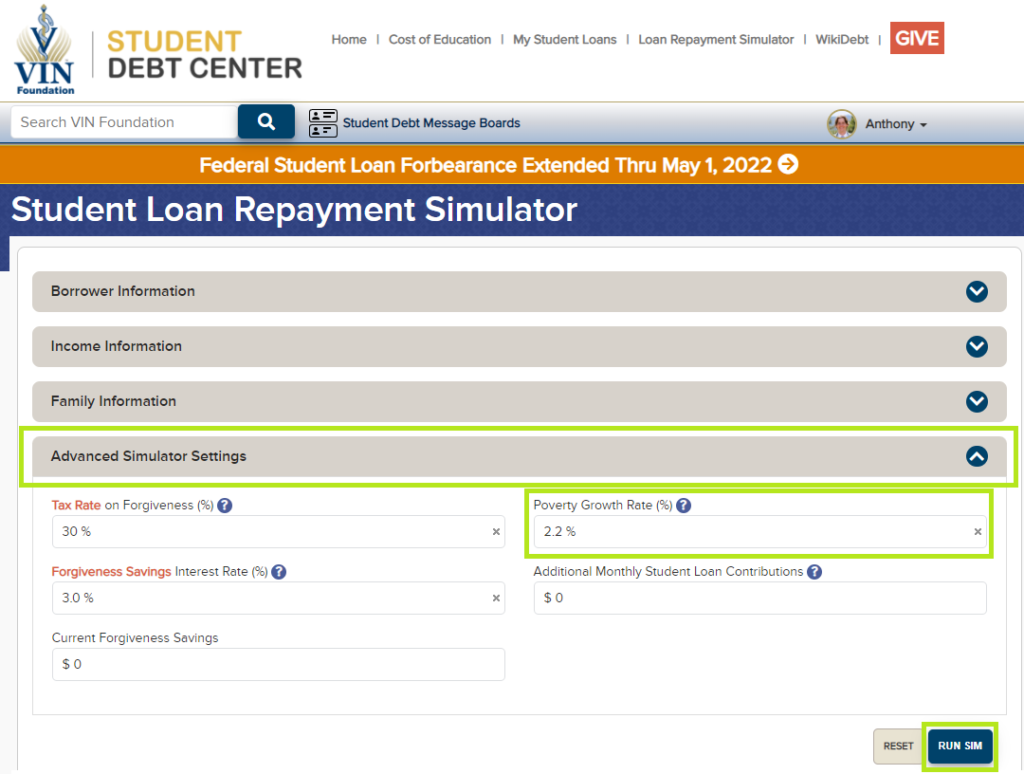 VIN Foundation Loan Repayment Simulator Advanced Settings VIN
