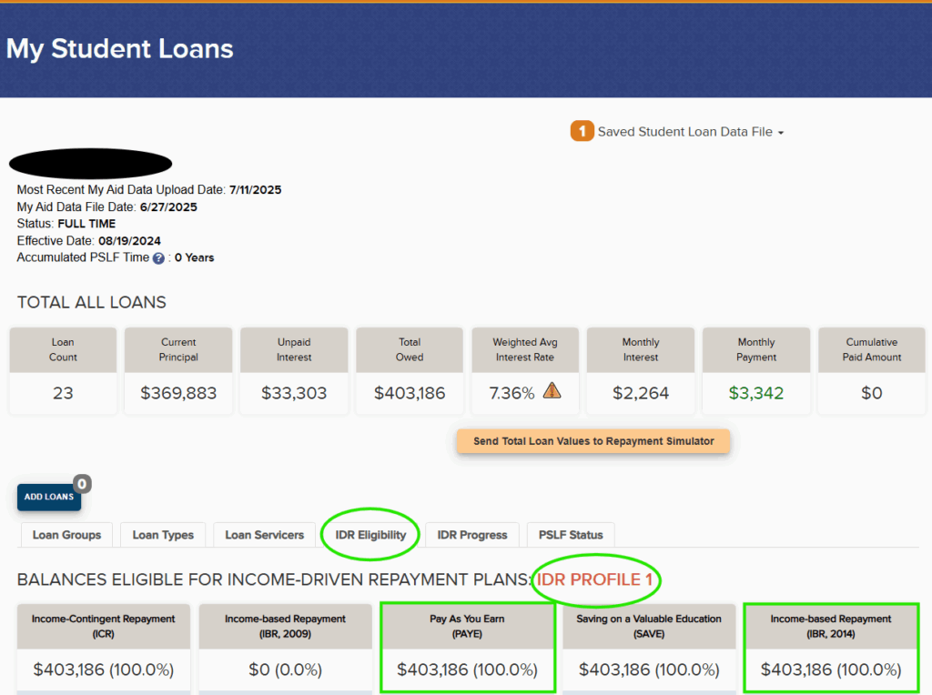 VIN Foundation My Student Loans tool, IDR Profile 1