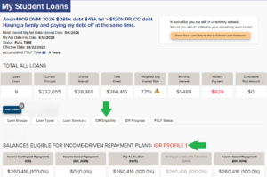 VIN Foundation My Student Loans tool for a 2026 DVM, IDR Profile 1